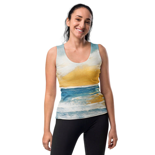 Womens Stretch Fit Tank Top - Blue Ocean Golden Sunset Print