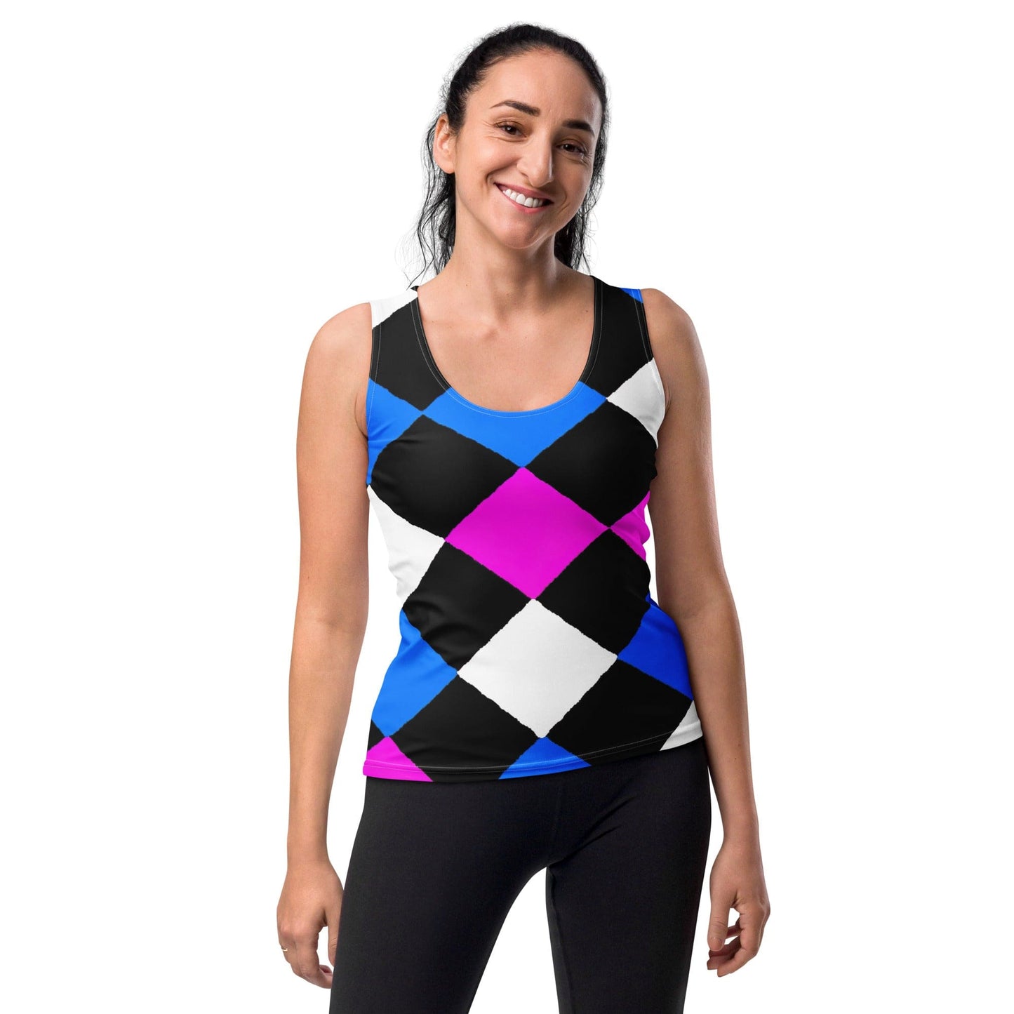 Womens Stretch Fit Tank Top - Pink Blue Checkered Pattern