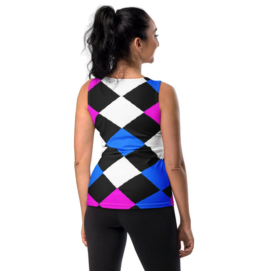 Womens Stretch Fit Tank Top - Pink Blue Checkered Pattern